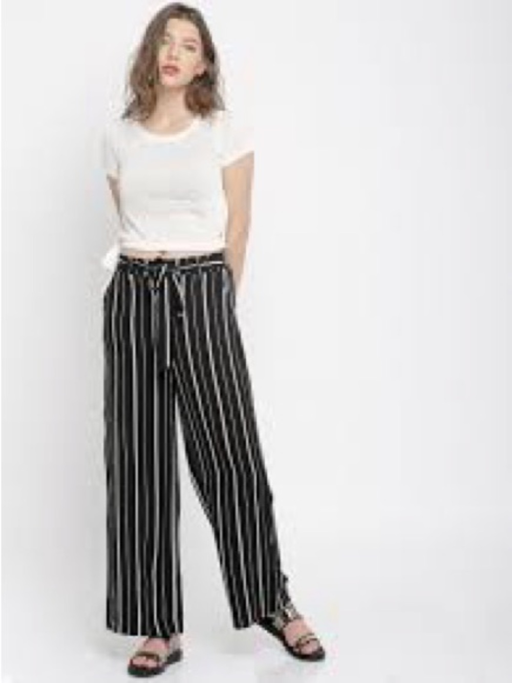 NWT Wide Leg Black & White Striped Pull-On linen blend Pants SZ M